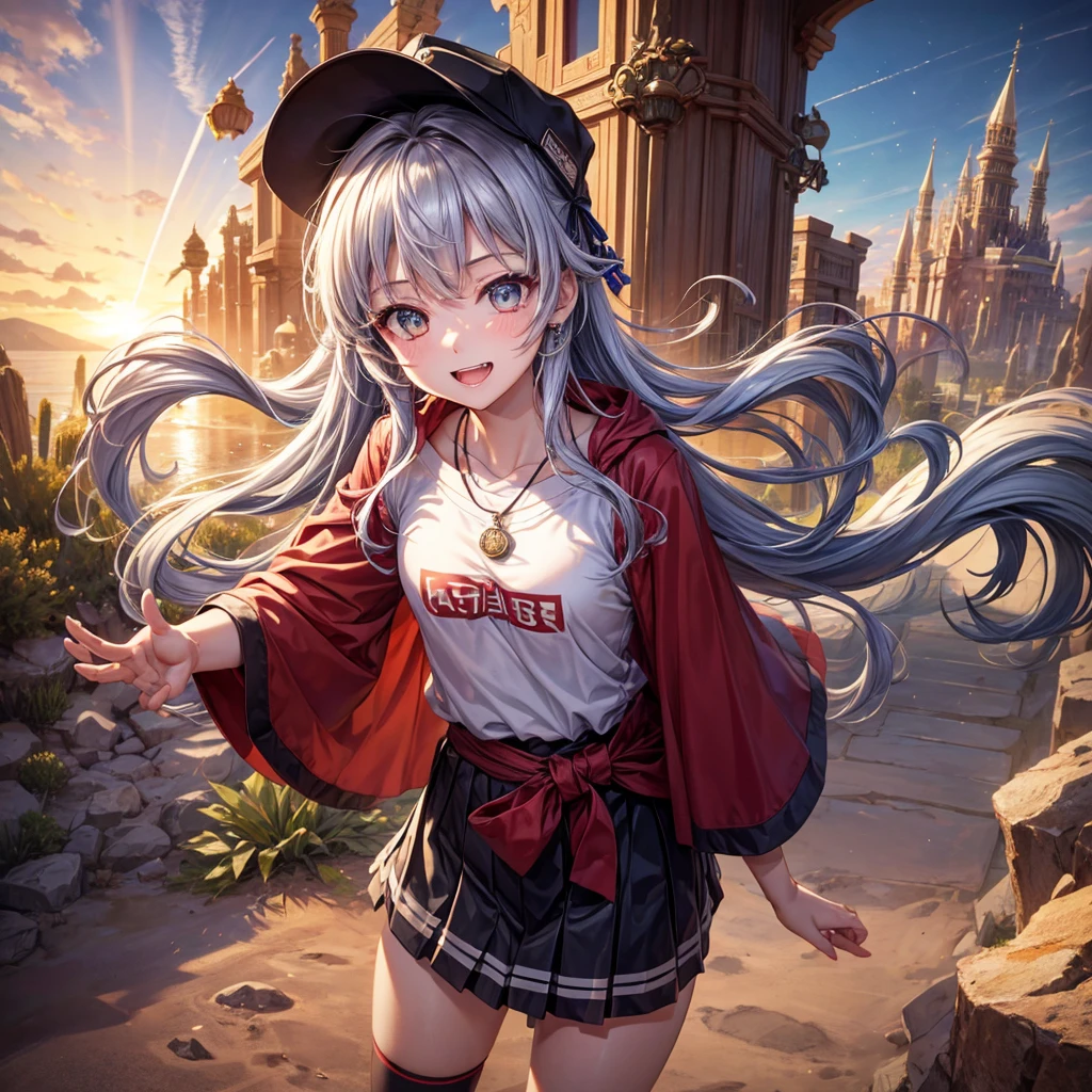 Red Blue Hair、Golden Eyes、Braid、One good looking girl、solo、anime、Checkered mini skirt、Ruffles on the skirt、Red T-shirt、Cape、Gothic、Black knee-high socks、Wearing a baseball cap、Wearing a ribbon、Ribbon on waist、Tilting face、Teeth are visible、Sunset sky、Piercing the clouds、Contrail、Cumulonimbus、Pillar of Light、Silver coin necklace、A world of light、shine、From above、bell、torii、Desert Oasis、water is gushing out、Wearing a name tag、Sparks are flying