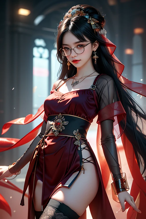 Shy woman on a rainy night,(8K Ultra HD、Digital SLR Camera、Soft Light、high quality、Volumetric Lighting、frank、photo、high resolution、4k、8K、Bokeh),(Rich details on the eyes and face,warm color, Very saturated colors,Show a charming smile, little cherry mouth, mouth closed, Balanced Eyes, Perfect face, Pretty Face, black eyes,Skin is transparent and visible, Shirasawa skin, cosmetic, (Glasses),earrings,Forehead chain,necklace, Jewelry,veil,Hair accessories),(Create stunning images of real girls, warm light, Dynamic poses, Elegant Posture, Cowboy lens, Front full body,Look confident from the front,Body facing the camera,Standing pose facing the camera,Open your legs slightly,Golden Ratio Graphics,Minimalism, ), ,Chinese anime girl,Waist-length hair,Messy Hairstyle,,Gradient hairstyles,Cyberpunk hairstyle,(Transparent clothes:1.5),Red clothes,Thin clothes。Transparent mesh clothes,Transparent clothes,Transparent tights,(Sexy,Perfect breast shape、Very detailed breasts,34E cup),No underwear,(Super high waist,Waist hollow,Levain),Black socks.(Clear knee-length socks、Garter socks,Leg ring,garter、腿部garter)