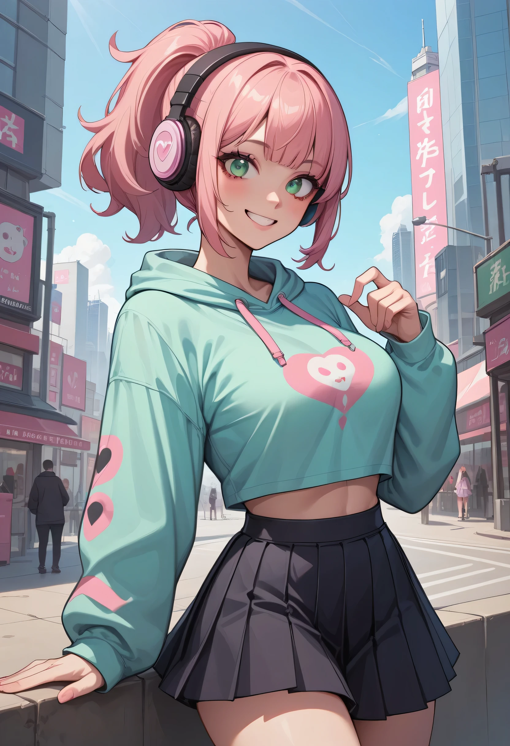 Score_9, score_8_up, score_7_up, rating_questionable, expressive eyes, perfect face, medium breasts, round breasts, pink hair ponytail, green eyes, pink sweatshirt, 
pink pleated skirt , headphones, posing for picture,  looking at viewer, smiling, city background, source_anime, adult woman, pastel  goth aesthetic, transparent clothes