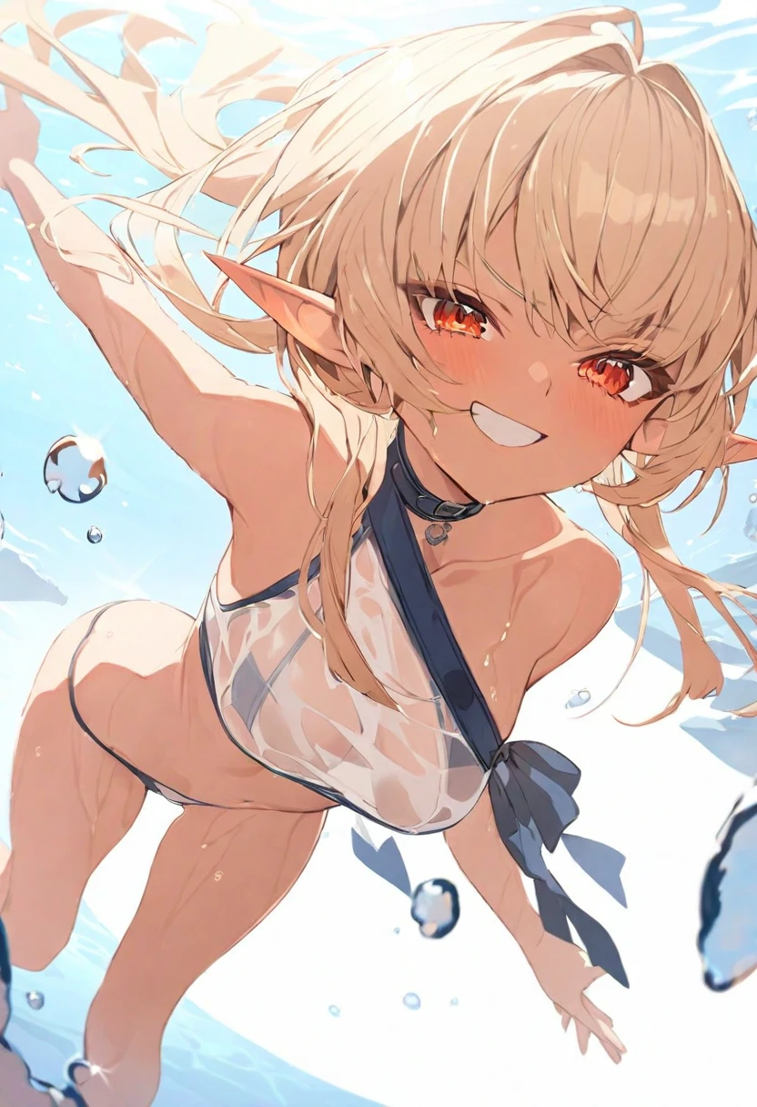 (masterpiece), (best quality), perfect face, beautiful girl, white background background, delicate and beautiful face and eyes, dark intense shadow, 
1 girl, vtuber style, cool girl, hololive, Shiranui Flare, Elf ears, dark skin, bikini, wet body, big chest, cropped shoulders, clavicle, winking, smile, bare feet, chest visible through clothes, ass visible through thighs, (full body), looking at viewer, standing, under water, Underwater portrait, 