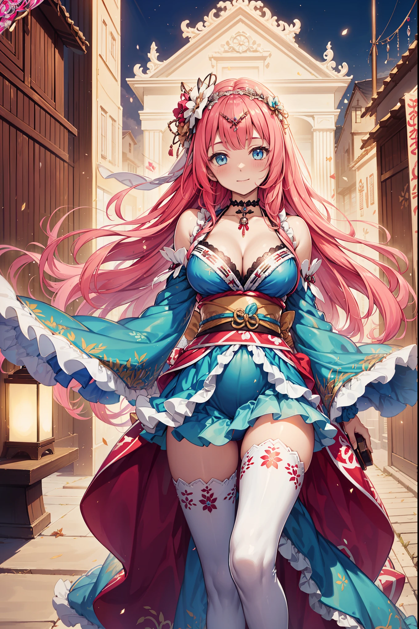 (best quality, high resolution, textured skin, high quality, high detail,Extremely detailed CG Unity), girl，Obsessed，divine happiness，in love，(Swimwear and Kimono:1.2)，pink hair，blue eyes，(Fabric headwear minimalism，Multi-layered delicate ruffles，lots of lace，multicolor cloth，exquisite embroidery，Exquisite pattern，Fabric headwear，exquisite clothing，see through transparent clothes，bedroom，night，(dazzle:1.2)，movie lighting，the only person，Fluttering skirts，thighhighs