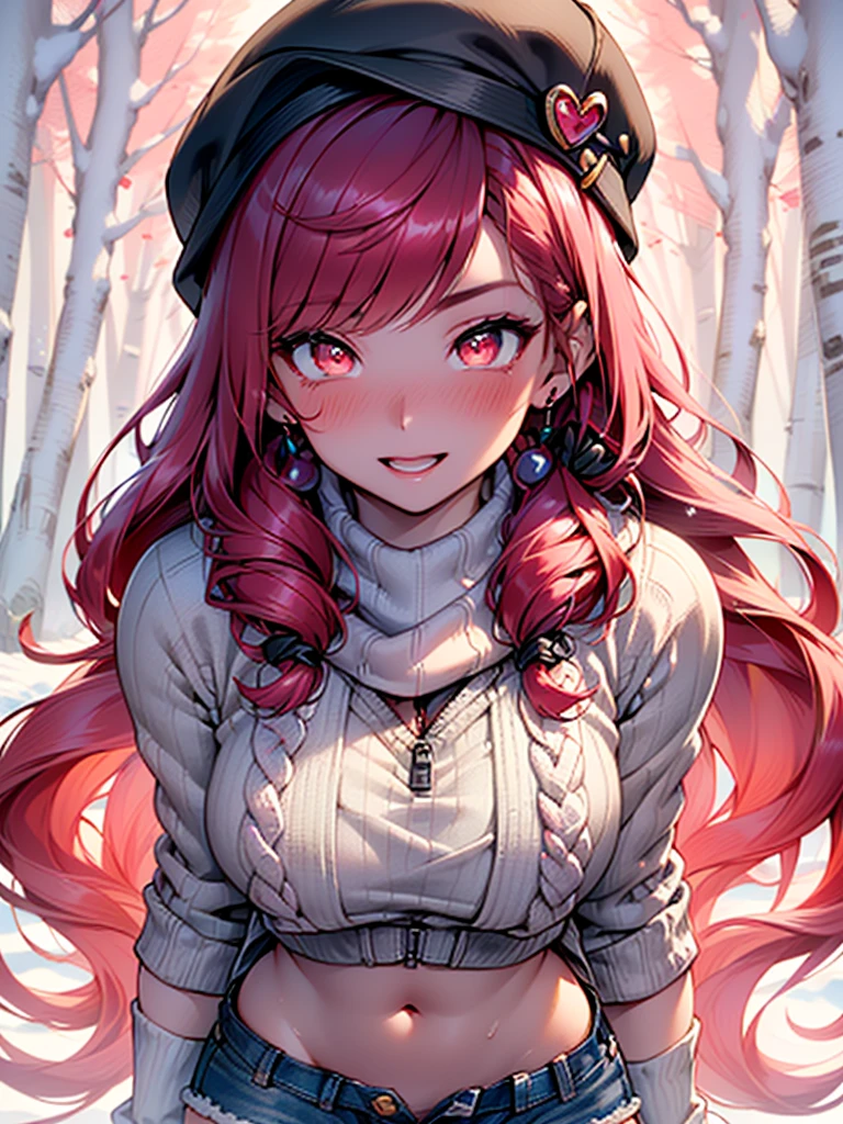 explorer girl,1girl,((extremely cute and beautiful red haired explorer girl)),(((18 years old))),(large breasts:1.4),((((red hair:1.35,absurdly long unkempt hair,ponytail red hair,bangs,colored inner hair,ear breathing)))),(((red_eyes:1.3))),intricate eyes,beautiful detailed eyes,symmetrical eyes,((((lustrous skin:1.5,tanned skin,bright skin:1.5,skin tanned,shiny skin,very shiny skin,shiny body)))),(spider lower abdomen,narrow waist,wide hip,athletic body,inflated legs,thick thighs,detailed body,(detailed face)),((heart pupils:1.5,heart:1.3,hearts:1.3,heart marks:1.3)),(ahegao face:1.5),
cute,slutty,seductive,erotic,(nsfw),
((large white socks:1.5,socks texture must be natural)),((deep V sweater:1.5)),((no bottoms)),((white mittens:1.5,white scarf:1.5),((navel)),((shorts,short shorts,denim shorts)),(((unzipped, open fly))),
(dynamic pose:1.0),embarrassed,(centered,scale to fit dimensions,Rule of thirds),
((snowy pink cherry forest:1.5,pink theme forest:1.5)),winter,scenery:1.25,((intricate scenery)),((snow forest background)),Christmas tree,
(Glossy winter ornaments),highres,sharp focus,(ultra detailed,extremely detailed),(photorealistic artwork:1.37),(extremely detailed CG unity 8k wallpaper),(((vibrant colors,vibrant theme))),(intricate),(masterpiece),(best quality),