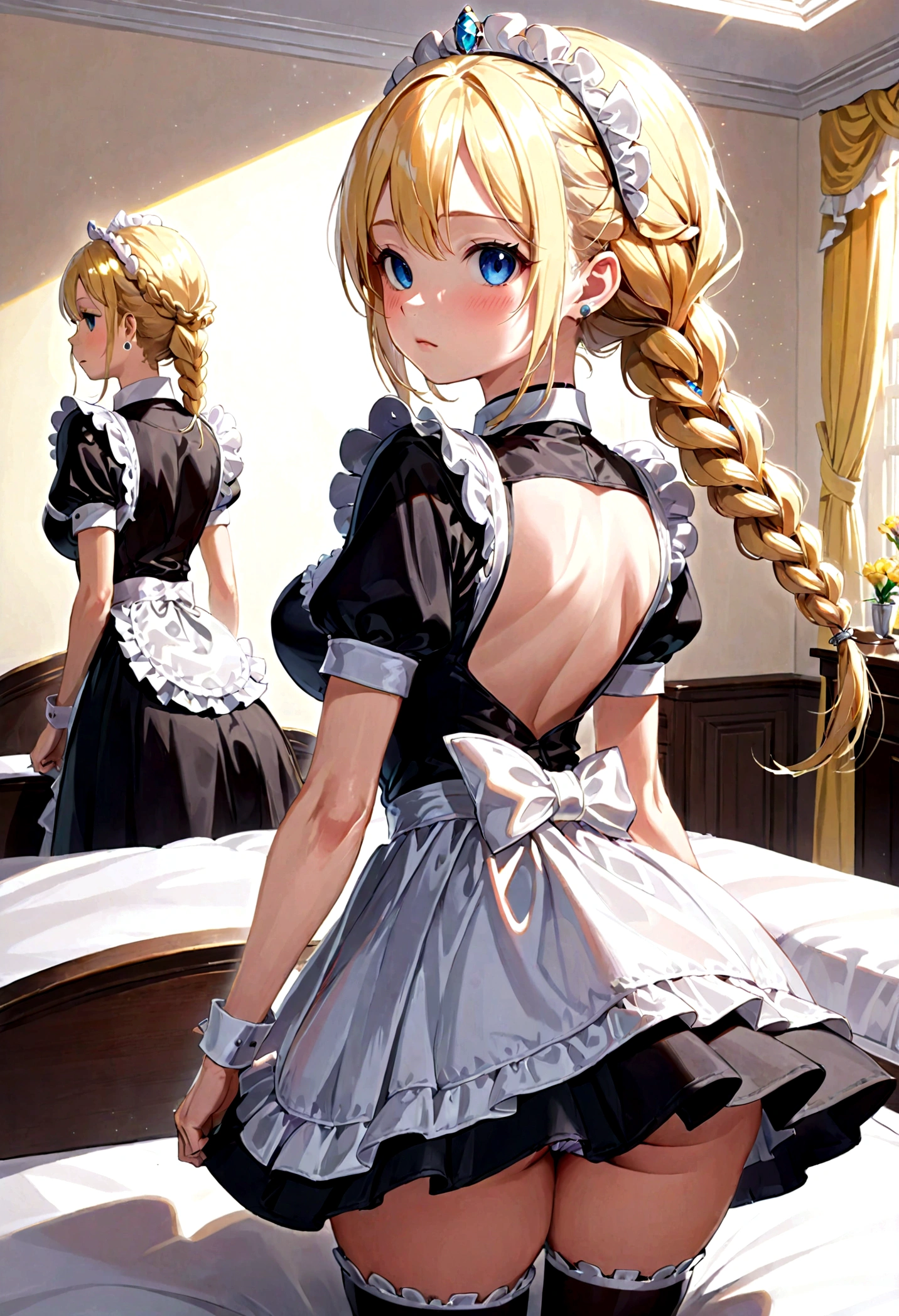 Shiny blond hair, very long hair, sophisticated haircut, ((((hair fully braided)))), ((small twisted braids)), thin and oval face, submissive, (((gagged))), ((((very cute maid girl)))), ((((very cute black maid dress)))), ((((cute waitress serving a blond man)))), cute and blushing 18 years old anime girl, look away because she is embarrassed and blushes, bright blue eyes, detailed face, detailed members, detailed arms, detailed hands, ((((sparkling diamond jewelry)))), tiara, ((makeup)), high heels, puffy sleeves, long gloves, long eyelashes, maid costume, maid dress, maid girl, (arms behind the back:1.4), (hands on the back), (masterpiece, best quality) 1.5, 1girl, solo, (sexy, beautiful woman, perfect face, perfect eyes, perfect hands), samus aran, (arms behind the back:1.4), (hands on the back), Spread the legs, s&#39; ((lie in bed by big ropes)), ((close up of the girl)), ((((lie in bed))))