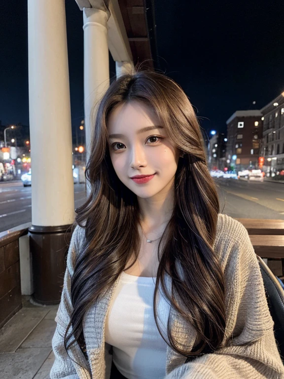 masterpiece, highest quality, High resolution,alone,Brown,artistic,Best lighting,Casual clothing,Flat Chest,Beautiful Face,expensive,smile,light makeup,Age 24,Calm woman,Detailed Hair,Laughing woman,Face Focus,Wavy Hair,Vibrant colors,Thin eyebrows,Woman wearing a jacket,outside,night,Background Bokashi,illumination,Low exposure,Office Casual,whole body