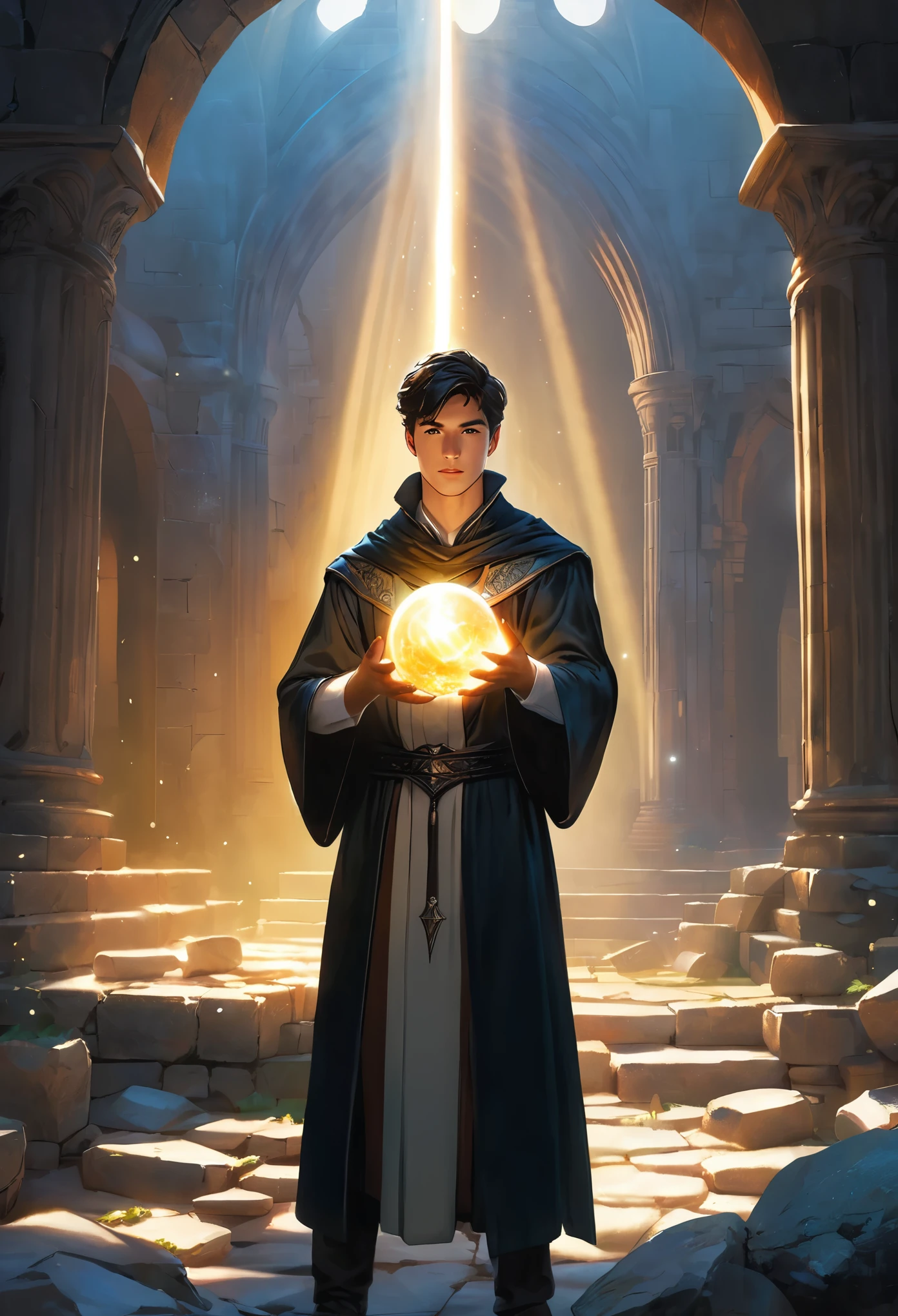 Young sorcerer with ball of light in hand floating and shining, in the ruins