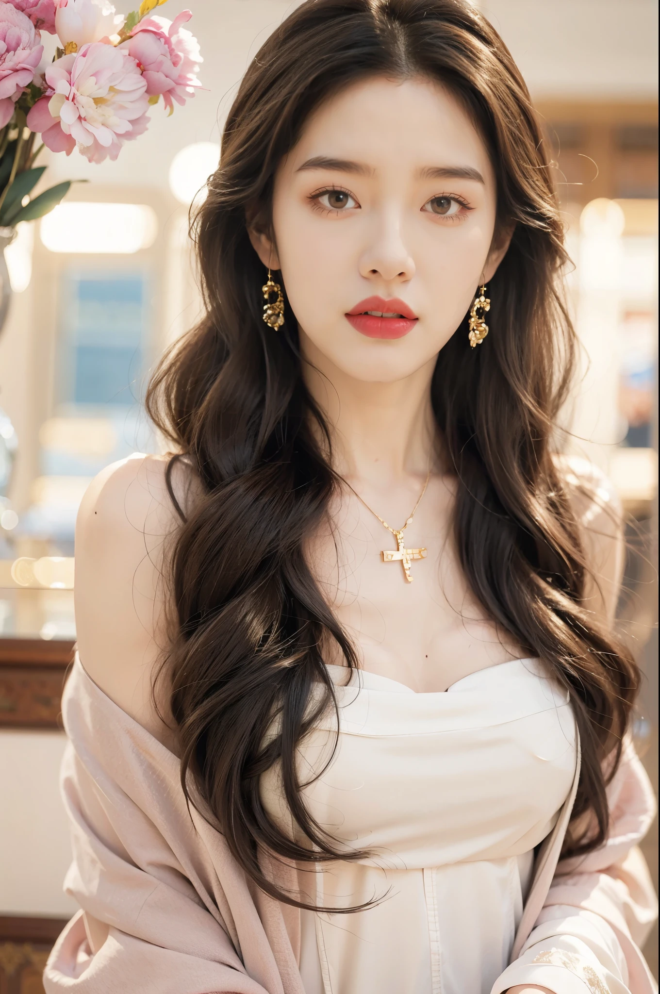 Canon RF85mm f/1.2,masterpiece,best quality,ultra highres,vc,1 girl,(korean mixed,kpop idol:1.2),solo,white_shiny_skin,black eyes,necklace,((brown_long_wavy_hair)),((pink_shiny_lips)),eyelashes,bangs,aface,make-up,shiny,Pore,skin texture,bracelet,offshoulder,see-through,big breasts