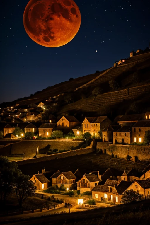 Medieval village under a blood moon