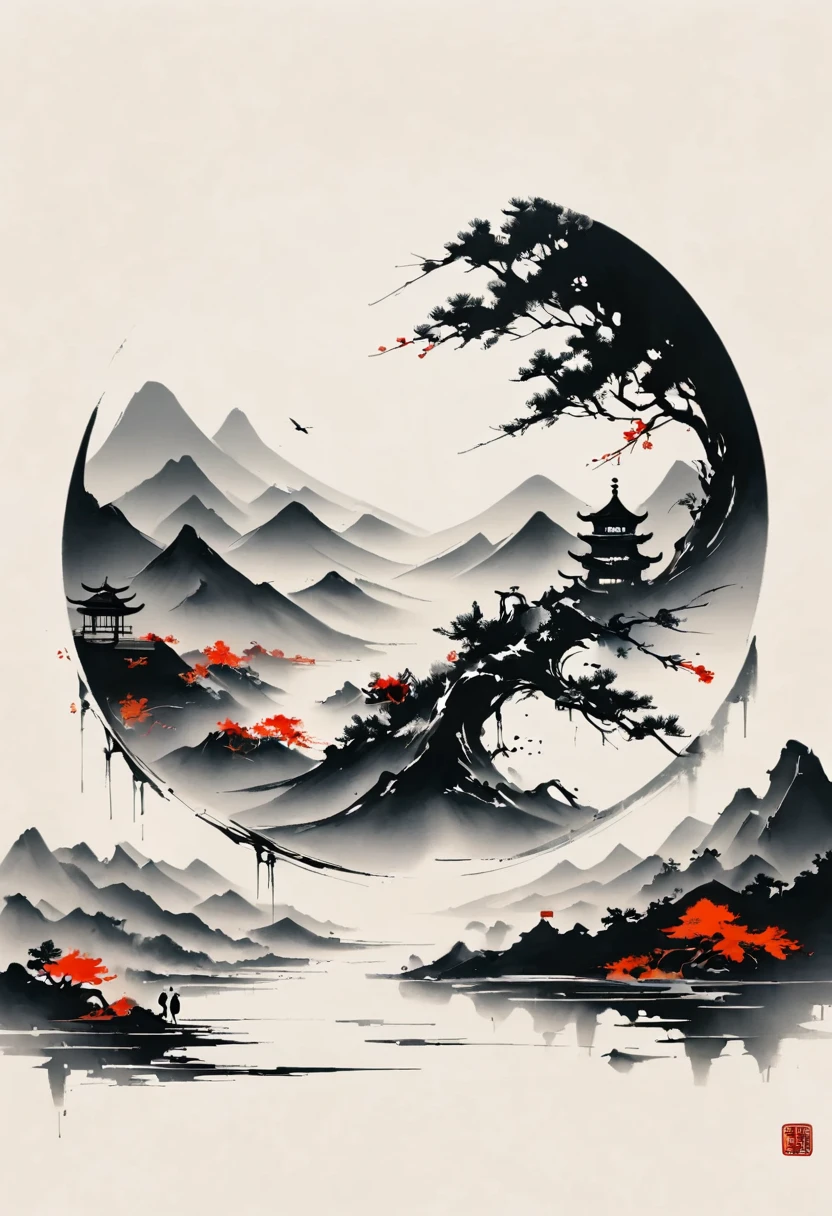 (大量留white:1.5),white, white色背景, simple, Minimalism, abstract,Freehand,Aesthetic,黑与white,Ink Painting,antiquity,Mountain,People in the distance