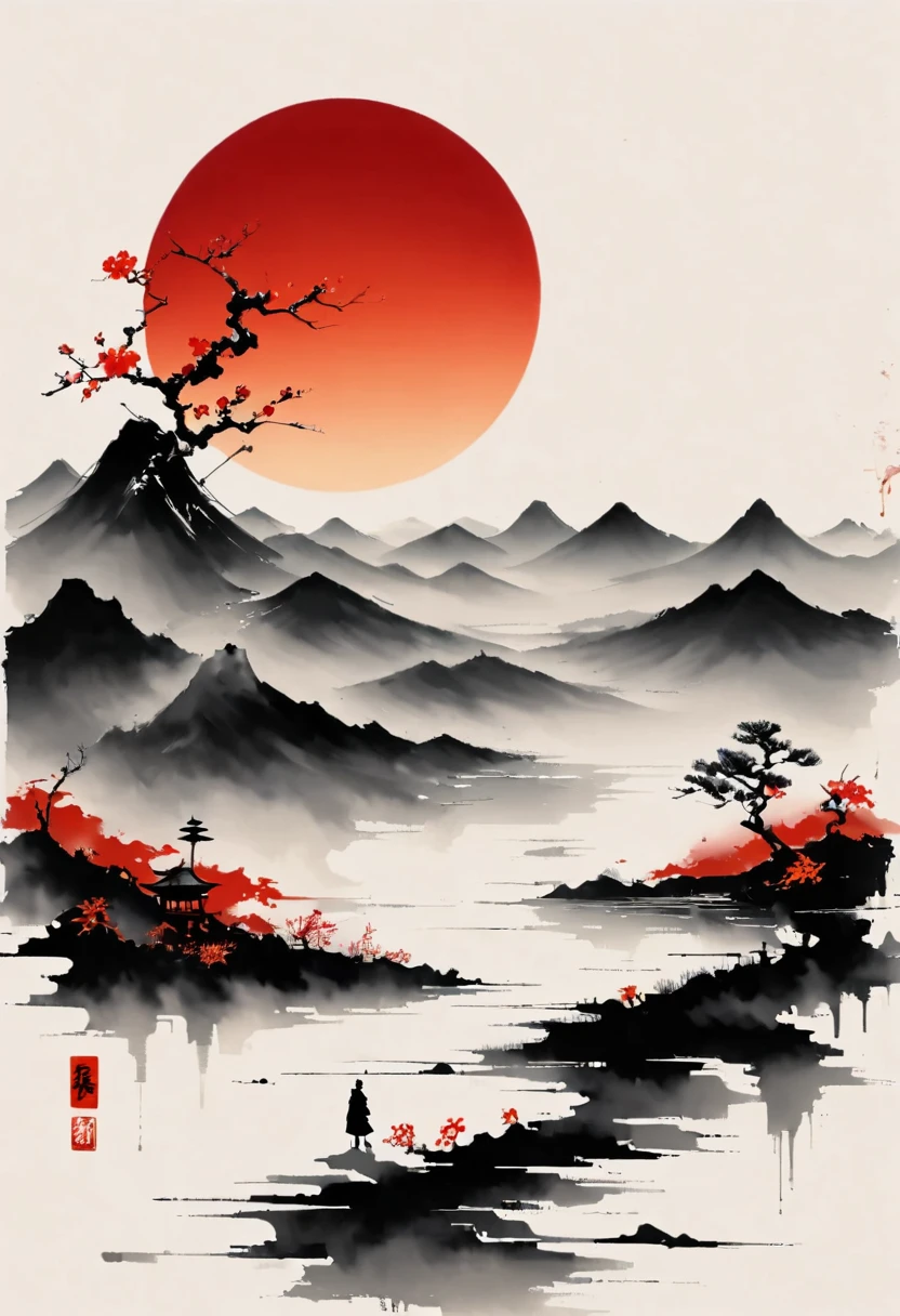 (大量留white:1.5),white, white色背景, simple, Minimalism, abstract,Freehand,Aesthetic,黑与white,Ink Painting,antiquity,Mountain,People in the distance