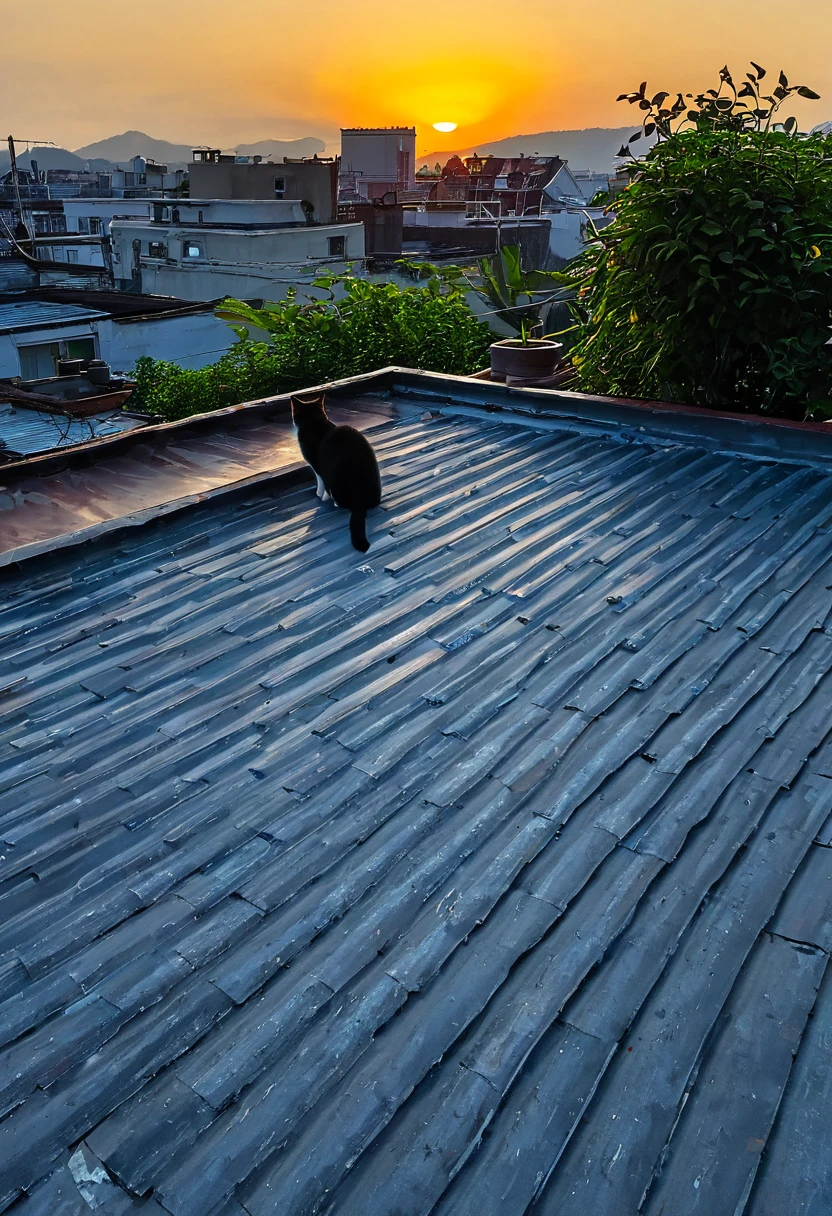 Sunset, view, nature, roof top, cat