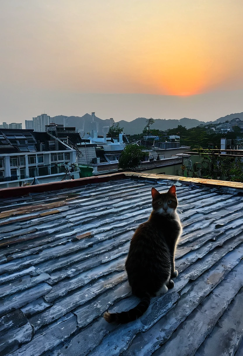 Sunset, view, nature, roof top, cat