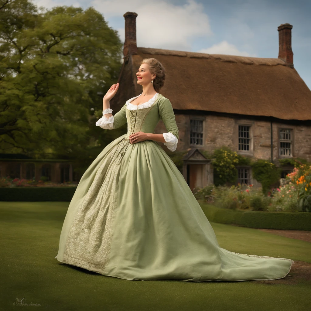 Uma mulher olhando para o Sol, in period clothing from the 18th century, loira de cabelos compridos, pele branca, with the hand reaching for the sun, behind a large 18th century style house in England, with green areas, with a happy expression, muito expressiva, realista