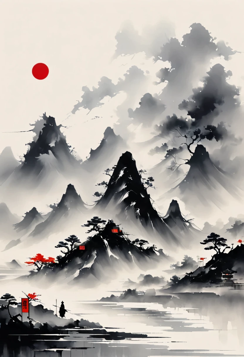 (大量留white:1.5),white, white色背景, simple, Minimalism, abstract,Freehand,Aesthetic,黑与white,Ink Painting,antiquity,Mountain,People in the distance
