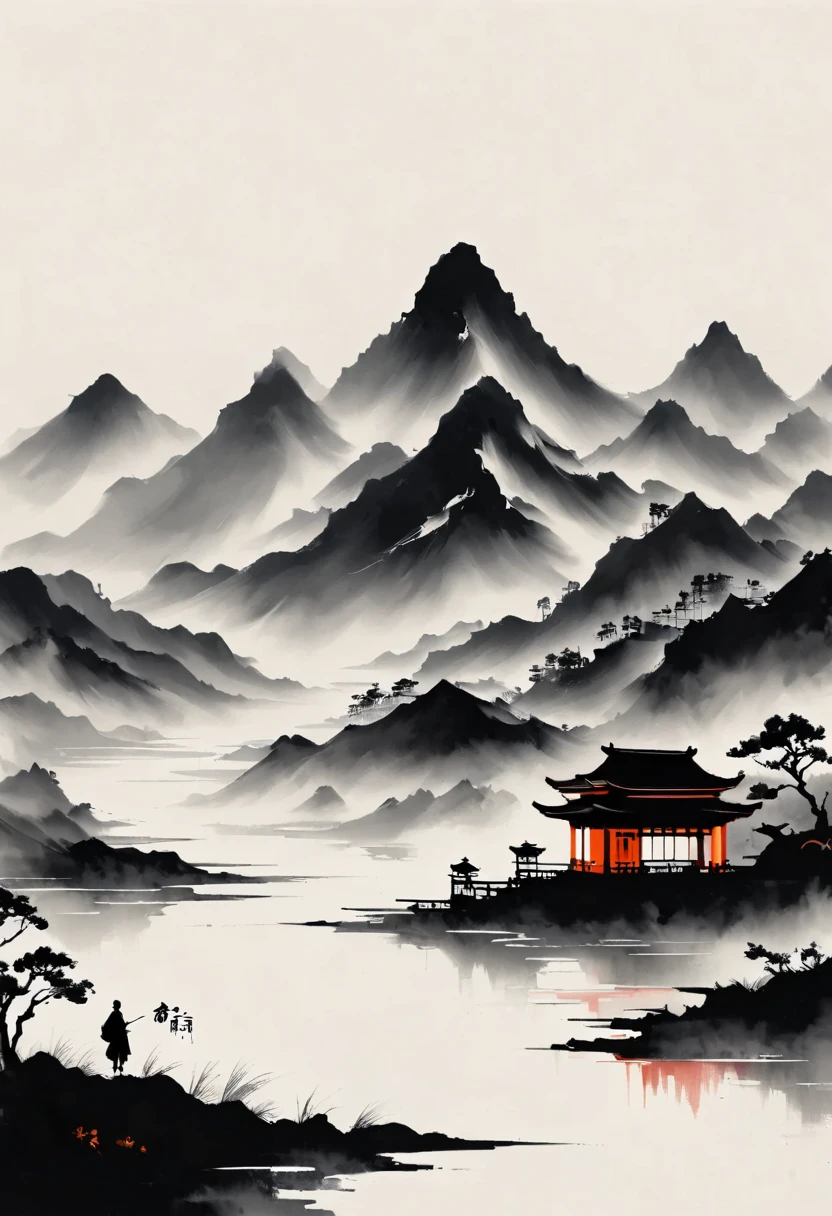 (大量留white:1.5),white, white色背景, simple, Minimalism, abstract,Freehand,Aesthetic,黑与white,Ink Painting,antiquity,Mountain,People in the distance