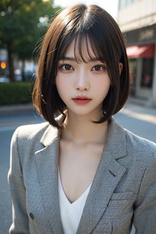 (Bob Cut Hair:1.2),(Wear a blazer:1.2),1 girl,Japanese,21 years old,(Small breasts:1.3),(highest quality,masterpiece:1.3,超A high resolution,),(Ultra-detailed,Caustics),(Photorealistic:1.4,RAW shooting,)Ultra-Realistic Capture,Very detailed,High resolution 16K human skin close-up。 Natural skin texture、,Pores、、It needs to be detailed enough to be easily identifiable。 Skin should be even-toned and healthy looking。 Use natural light and colour, Sad expression, Looking at the camera, Perfect dynamic composition, Outdoor