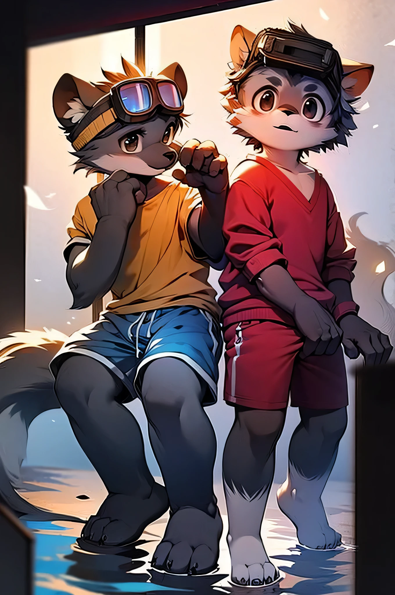 Hyena Boy,Gray fur,Topless, mammal, hairy,Black eyes,upscale hotel,Blue and black gradient swimming trunks quality,black fingerless gloves,goggles