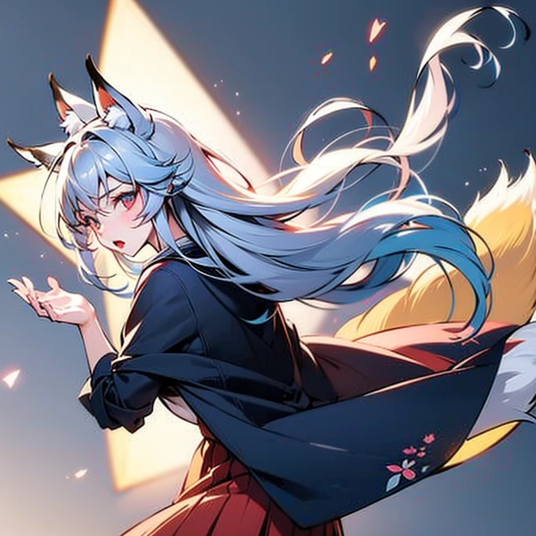 One Girl, Fox Girl, Fox's Tail, Nine-Tailed Fox,Fox Ears, Black colored hair, Fox Makeup,One Girl, Kimono with open chest, Body size is 100-70-90!, Nice body, Avatar, face, Open chest, lewd face, Dominant representation, naughty face, Big Breasts, Emphasize cleavage,Show bare skin, Skin is visible, With legs apart, Show off your thighs, M-shaped legs, A beautifully patterned kimono,Red and black flowing water pattern kimono, I can see her cleavage, Muscular, Uplifting, Abdominal muscles, Exposed skin, Long Hair, Skin Texture, Soft breasts, Large Breasts, Standing in a grassy field, outside, Blue sky,Composition facing directly ahead, Grab your breasts with both hands, Fingers digging into breasts, Developmental atmosphere, god秘的な絵, god々Cool atmosphere