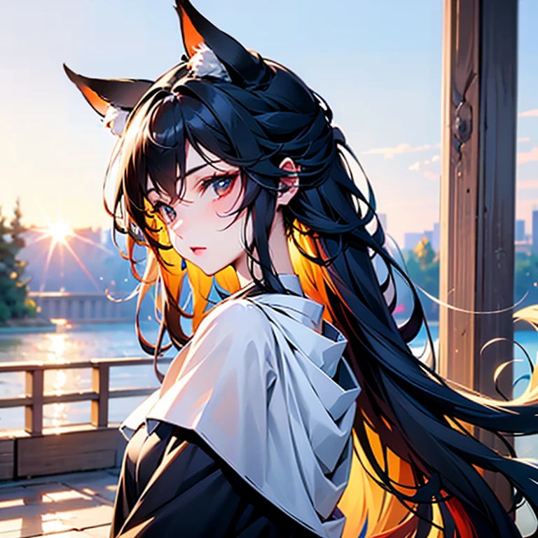 One Girl, Fox Girl, Fox's Tail, Nine-Tailed Fox,Fox Ears, Black colored hair, Fox Makeup,One Girl, Kimono with open chest, Body size is 100-70-90!, Nice body, Avatar, face, Open chest, lewd face, Dominant representation, naughty face, Big Breasts, Emphasize cleavage,Show bare skin, Skin is visible, With legs apart, Show off your thighs, M-shaped legs, A beautifully patterned kimono,Red and black flowing water pattern kimono, I can see her cleavage, Muscular, Uplifting, Abdominal muscles, Exposed skin, Long Hair, Skin Texture, Soft breasts, Large Breasts, Standing in a grassy field, outside, Blue sky,Composition facing directly ahead, Grab your breasts with both hands, Fingers digging into breasts, Developmental atmosphere, god秘的な絵, god々Cool atmosphere