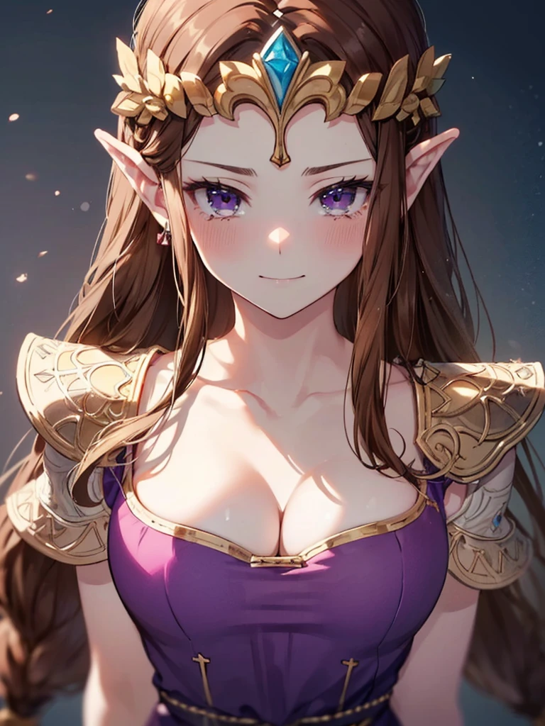((The eyes are not far apart)),((bangs)),((Golden hair ornament)),((((Front face)))),((((Adult expression)))),((((Beautiful Face)))),((((dress)))),((smile)),(((Long Hair)))),((((Straight Hair)))),((Cleavage)),((((Dark brown hair)))),Princess Zelda,((chest is slightly exposed)), ((highest quality)),,(Very detailed) ,((Purple blouse)),((Put your arms behind your back)),Brown Hair,((Embarrassed look)),Blushing, ((highest quality)), (Very detailed),((Details)),(((pray))),Nintendo, The Legend of Zelda),crying face,Blushing,((alone)), ((highest quality)), (Very detailed), ,