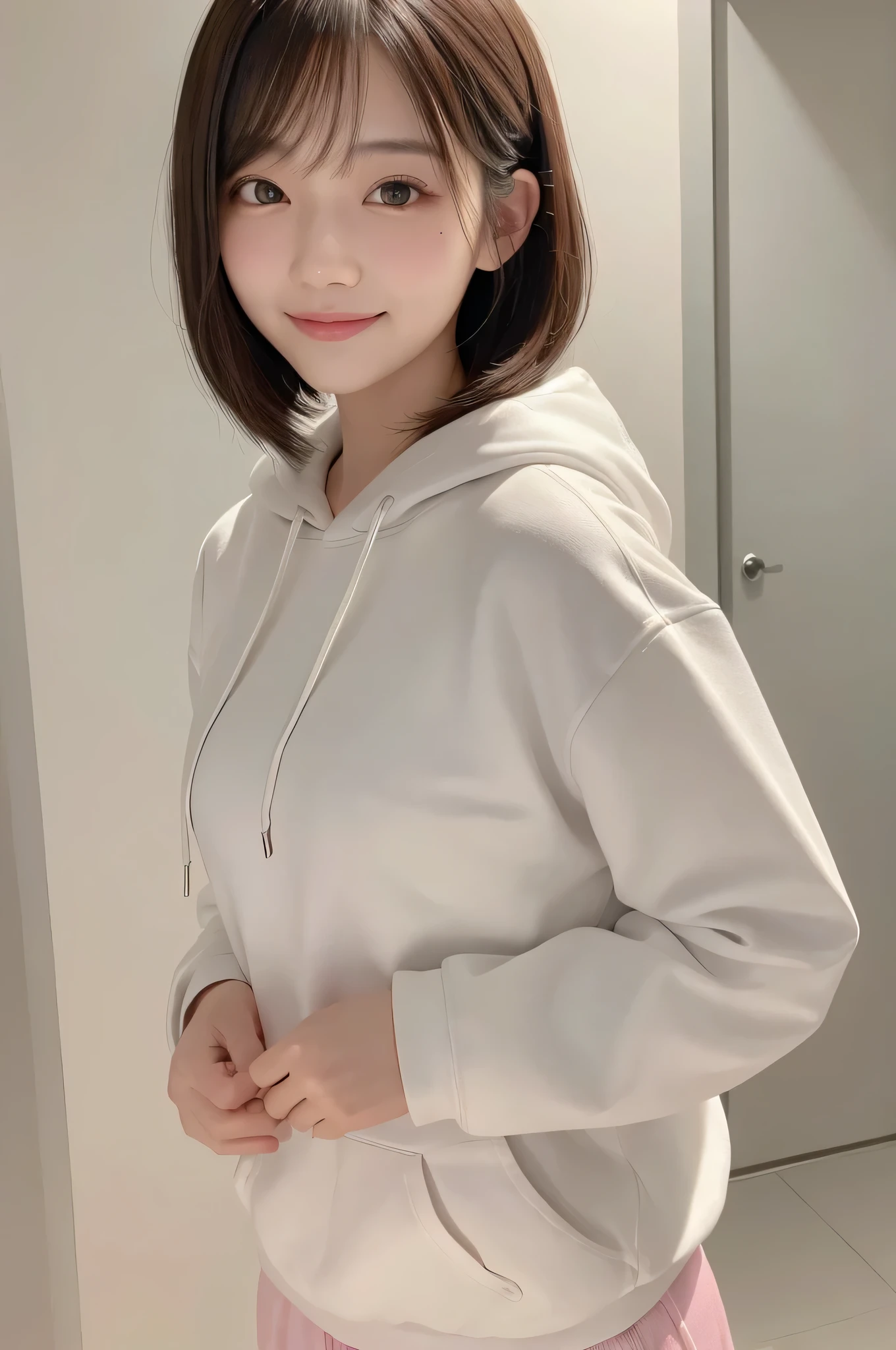 ((highest quality, 8k, masterpiece:1.3)), whole body, sharp focus:1.2, beautiful woman with perfect figure:1.4, slender abs:1.1, The background is a convenience store counter, ((shortcut, big breasts:1.2)), (He is wearing a white hoodie, He wears the hood of a hoodie over his head, Wearing a dark red tight skirt, はち切れんばかりのbig breasts, slim and toned waist, Soft big buttocks, コンビニのカウンターの中でlaughing:1.2), Highly detailed face and skin texture, detailed eyes, double eyelid, 25 year old woman, mature woman, laughing