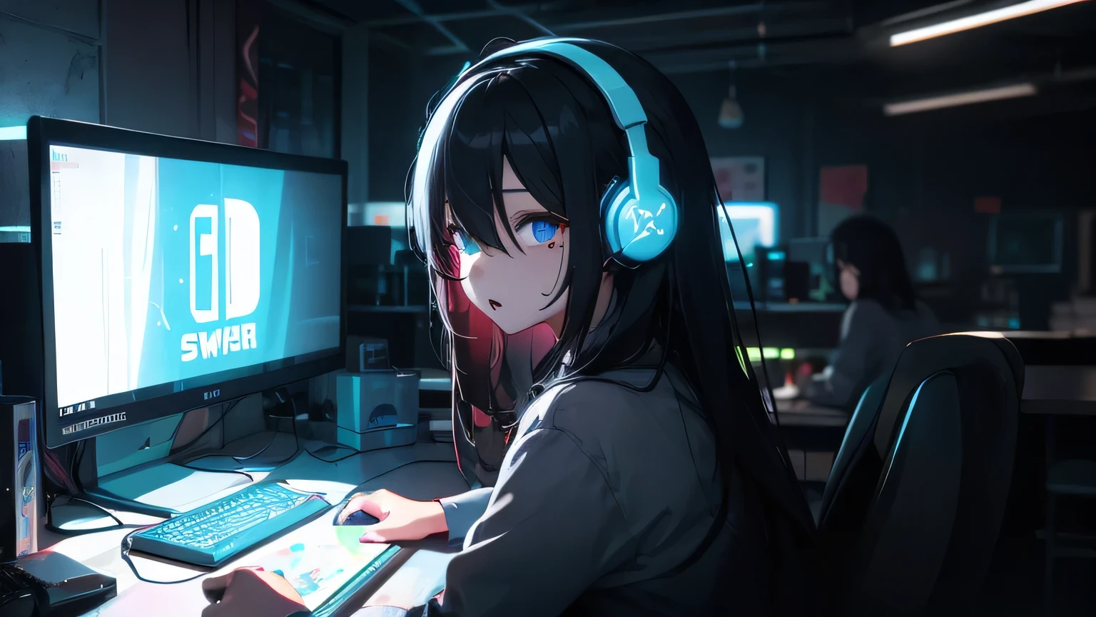 Girls playing games Long Black Hair、Dark Room、Gaming PC、Switch、Neon Signs、cute、headphone、one person、delivery、Mole under the eye、fine