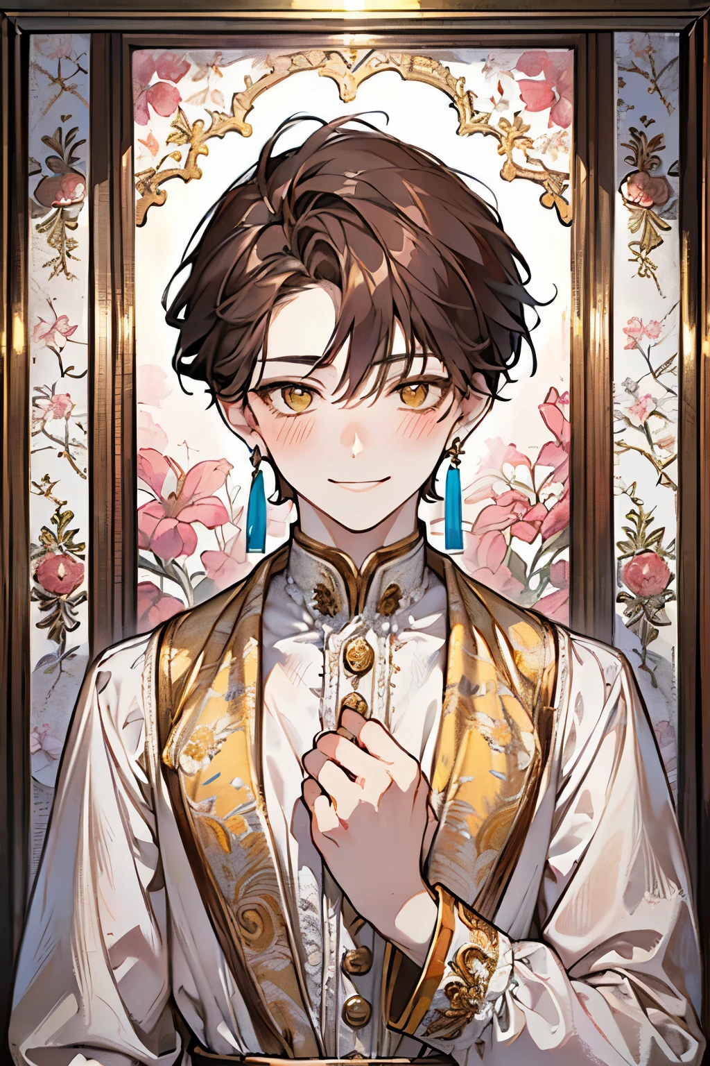 ((17years old man:1.3)), masterpiece, best quality,light brown hair, (half up and half down hair:1.1),(portrait),white dress,(pop and cute flower pattern background), (perfect hands),(,yellow,white),looking front,((Large and gorgeous earrings:1.1)),(Blushing and a shy smile:1.35),((upper body)),((A room with luxurious antique furniture:1.2)),(hand to own cheek:1.4)