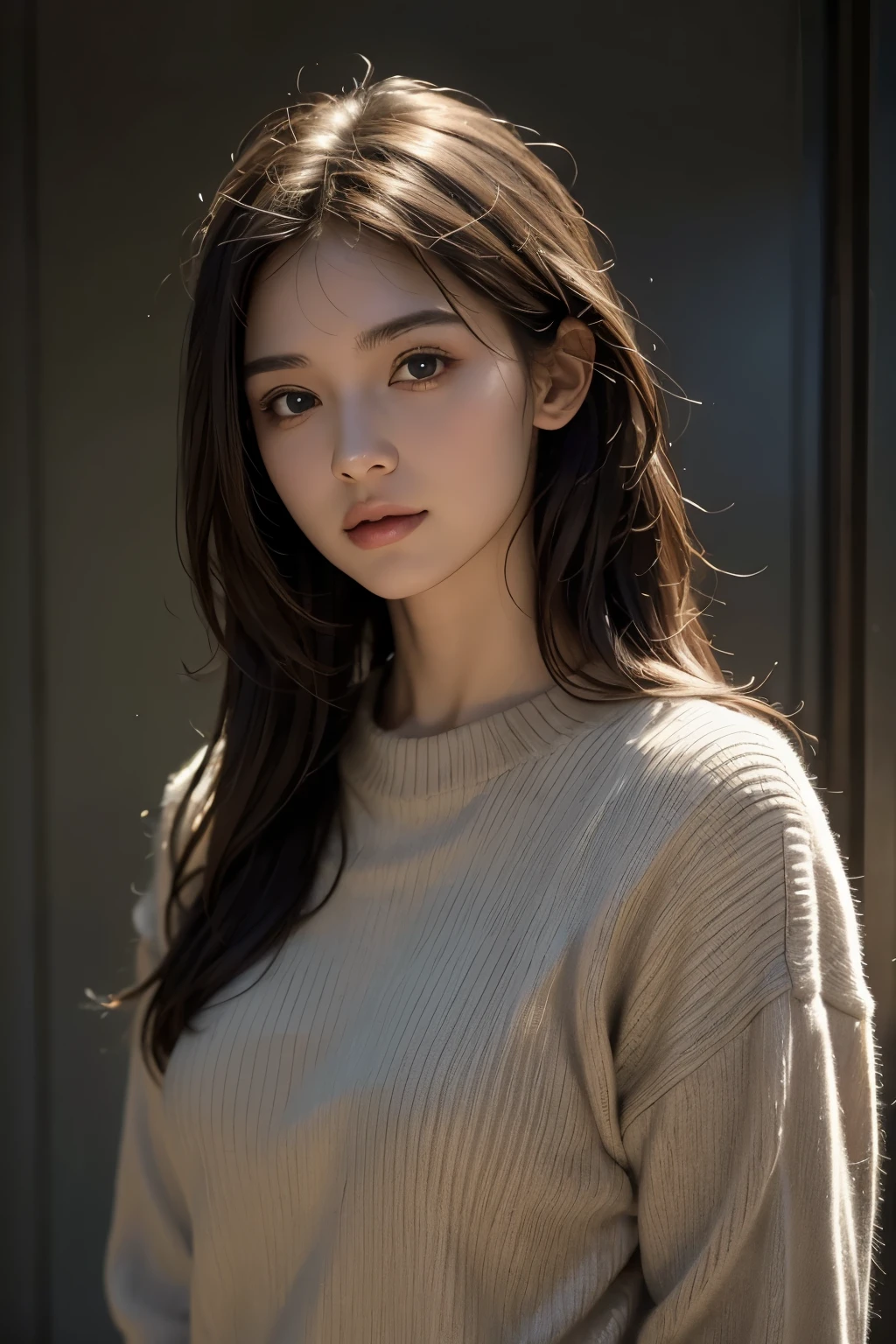 best quality, masterpiece, ultra high resolution, (realistic:1.4), RAW photos, 1 woman, long hair, brown hair, Detailed eyes and face, Black sweater, dynamic lighting, in the dark, deep shadows, low key, cowboy shot