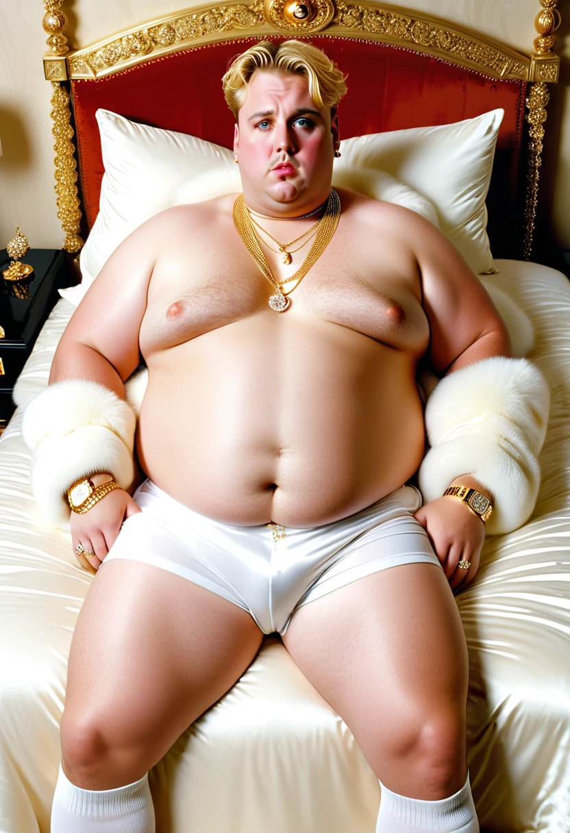full view rich light blond fashion haircut obese fat actor antony starrs in white long socks, white boxershorts, wearing dozens of golden rings, golden chains, golden necklaces, diamond watchs, diamond piercings, lying on covered with white furs bed, showing off overhanging belly and full chest, crying afraid, in modern classy bedroom