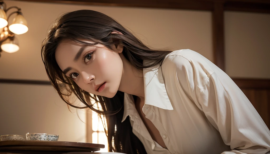 realistic, table top, best quality, RAW photos, 1 girl, alone, long hair, brown hair, detailed face, an alluring face, collar shirt, medium chest, dynamic pose, looking at viewer, from below, detailed background, detailed, intricate details, ray tracing, depth of field, low key, nffsw