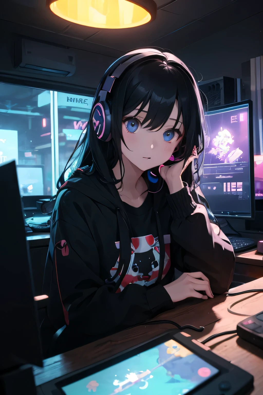 Girls playing games Long Black Hair、Dark Room、Gaming PC、Switch、Neon Signs、cute、headphone、one person、delivery
