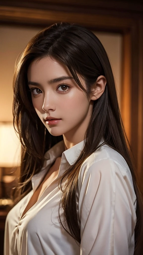 realistic, table top, best quality, RAW photos, 1 girl, alone, long hair, brown hair, detailed face, an alluring face, collar shirt, medium chest, dynamic pose, looking at viewer, from below, detailed background, detailed, intricate details,  ray tracing, depth of field, low key, nffsw