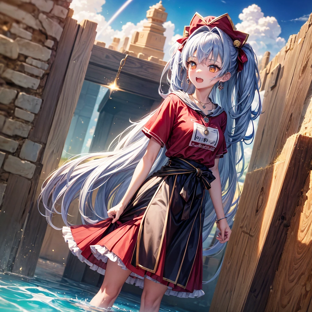 Red Blue Hair、Golden Eyes、Braid、One good looking girl、solo、anime、Checkered mini skirt、Ruffles on the skirt、Red T-shirt、Cape、Gothic、Black knee-high socks、Wearing a baseball cap、Wearing a ribbon、Ribbon on waist、Tilting face、Teeth are visible、Sunset sky、Piercing the clouds、Contrail、Cumulonimbus、Pillar of Light、Silver coin necklace、A world of light、shine、From above、bell、torii、Desert Oasis、water is gushing out、Wearing a name tag、Sparks are flying、Bowing