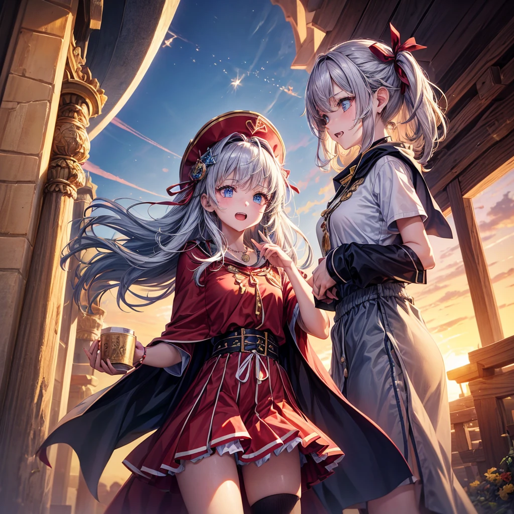Red Blue Hair、Golden Eyes、Braid、One good looking girl、solo、anime、Checkered mini skirt、Ruffles on the skirt、Red T-shirt、Cape、Gothic、Black knee-high socks、Wearing a baseball cap、Wearing a ribbon、Ribbon on waist、Tilting face、Teeth are visible、Sunset sky、Piercing the clouds、Contrail、Cumulonimbus、Pillar of Light、Silver coin necklace、A world of light、shine、From above、bell、torii、Desert Oasis、water is gushing out、Wearing a name tag、Sparks are flying、Bowing