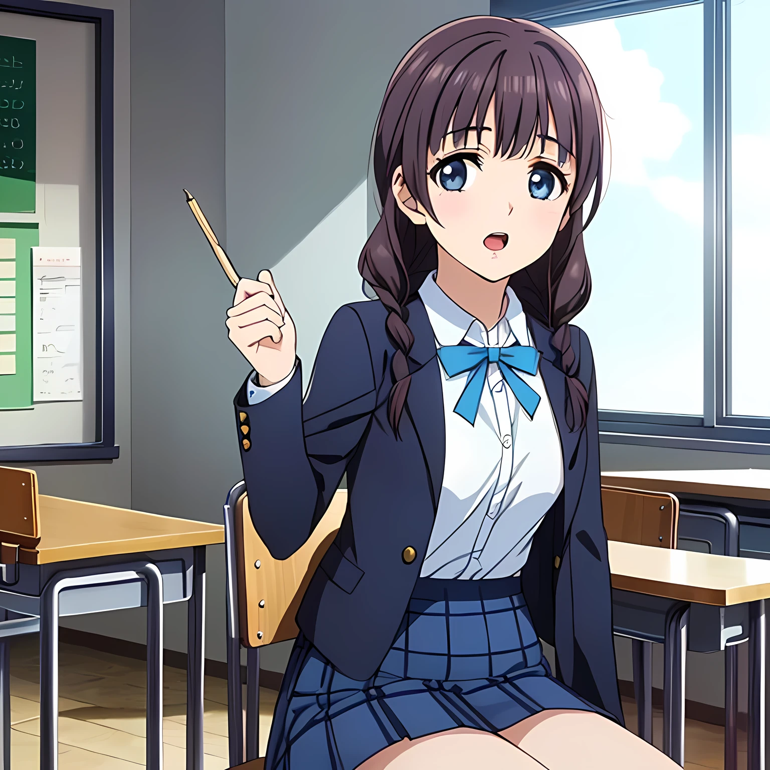 (highest quality, masterpiece:1.2), highest quality, High resolution, 1080p, 8K, Height: 158cm, High-definition anime-style CG, ((A very noble, pretty and neat beautiful girl of the game heroine is sitting on a chair in a school classroom.、A photo of a student taking a math exam with a serious expression)), Neat gesture, A face that everyone loves, Glossy lips, Even bangs, Double, Long eyelashes on both the top and bottom, Blue Eyes, The very large red shiny wide ribbon bowtie is very cute., ((Black Hair)), ((long twin braids)), (((A long, neat, checkered pleated skirt with dark navy blue checks.))), (((Dark blue winter long sleeve blazer))), How to wear a neat uniform, A slightly open mouth like a game heroine, Ribbon in hair, Tight waist, The ribbon is big and very pretty.