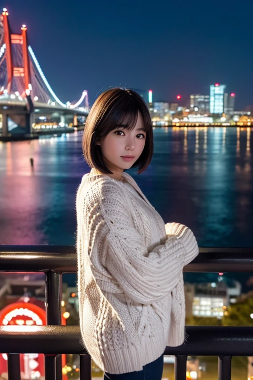 Japan and half British beauty　White knitted clothes　Bob Hair　Background、Night view of Tokyo Bay