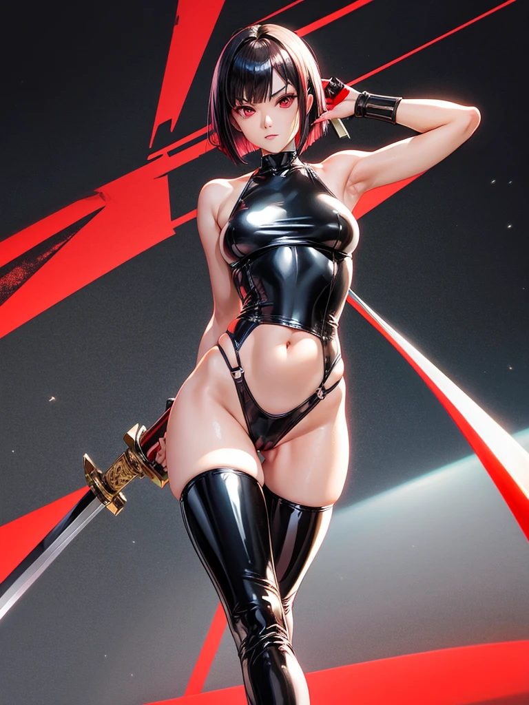 solo girl,Glossy metalic light silver tank top, tight latex shiny, Red interpolation color,Black hair bob,red eyes, camel toe, Samurai Sword,
Lift one leg, sexy lady,, naked girl,