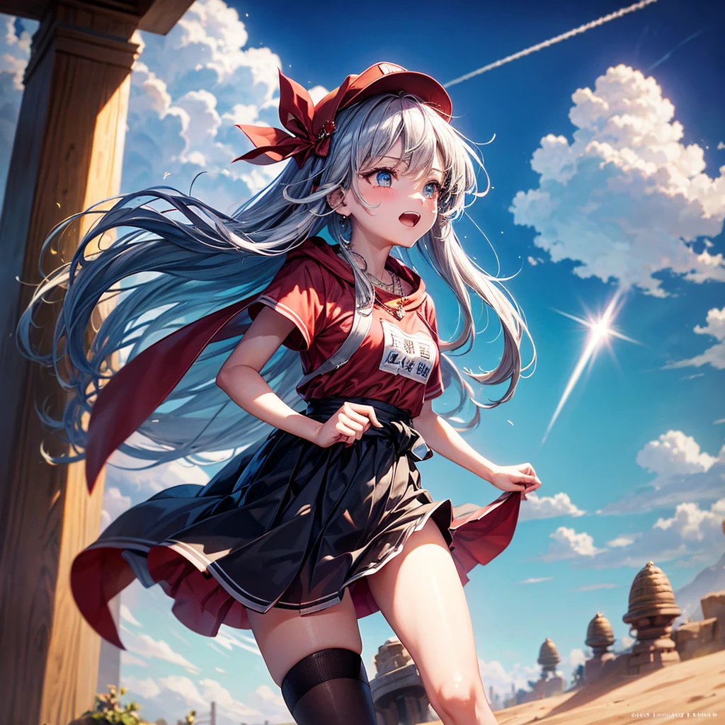 Red Blue Hair、Golden Eyes、Braid、One good looking girl、solo、anime、Checkered mini skirt、Ruffles on the skirt、Red T-shirt、Cape、Gothic、Black knee-high socks、Wearing a baseball cap、Wearing a ribbon、Ribbon on waist、Tilting face、Teeth are visible、Sunset sky、Piercing the clouds、Contrail、Cumulonimbus、Pillar of Light、Silver coin necklace、A world of light、shine、From above、bell、torii、Desert Oasis、water is gushing out、Wearing a name tag、Sparks are flying、Bowing