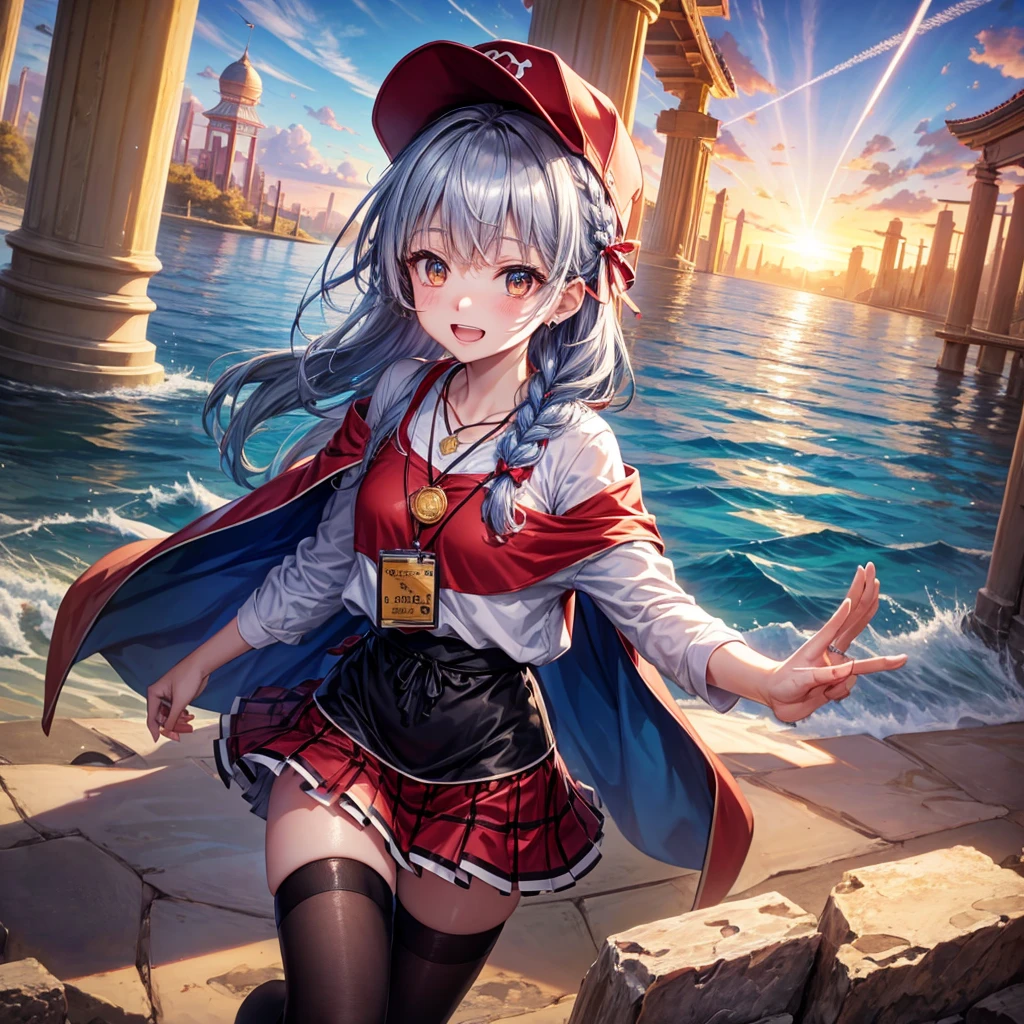 Red Blue Hair、Golden Eyes、Braid、One good looking girl、solo、anime、Checkered mini skirt、Ruffles on the skirt、Red T-shirt、Cape、Gothic、Black knee-high socks、Wearing a baseball cap、Wearing a ribbon、Ribbon on waist、Tilting face、Teeth are visible、Sunset sky、Piercing the clouds、Contrail、Cumulonimbus、Pillar of Light、Silver coin necklace、A world of light、shine、From above、bell、torii、Desert Oasis、water is gushing out、Wearing a name tag、Sparks are flying、Bowing