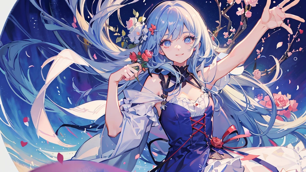 anime, watercolor medium, cute girl, has a single bule rose, bule rose, sweet, pretty, bule hair, long eyelashes, smile, bule rose background, pouring light, dress, front view, upper body, dutch angle shot