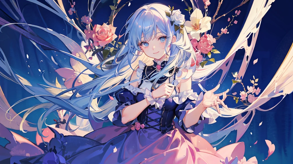 anime, watercolor medium, cute girl, has a single bule rose, bule rose, sweet, pretty, bule hair, long eyelashes, smile, bule rose background, pouring light, dress, front view, upper body, dutch angle shot
