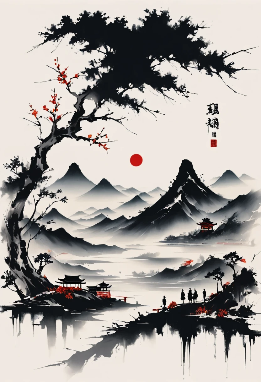 (大量留white:1.5),white, white色背景, simple, Minimalism, abstract,Freehand,Aesthetic,黑与white,Ink Painting,antiquity,Mountain,People in the distance
