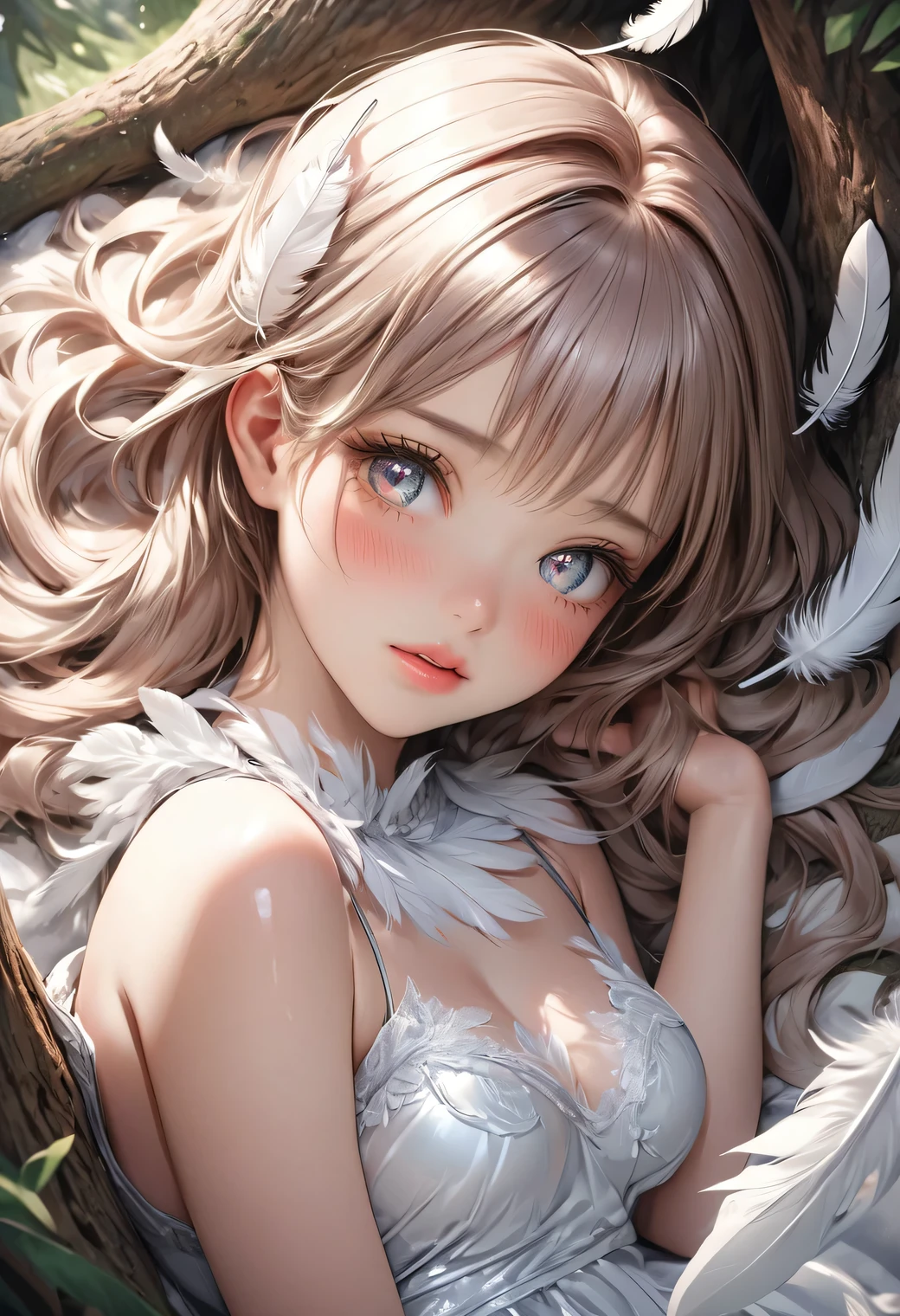 Fantasic Illustration, Masterpiece: 1.2, Highest Quality, Highres, 16k, Beautiful Detailed, Ultra-Realistic, Photo Realistic: 1.37, beautiful and cute girl, wearing feathers dress:1.3, buried in feathers:1.2, leaning in the covered with feathers shade of a tree and relaxing, growing eyes, shining pupils, blushed cheek, shiny rosy lips, delicate beautiful (hair, face, eyes, pupils, long eyelash, feathers), middle breasts, view from above