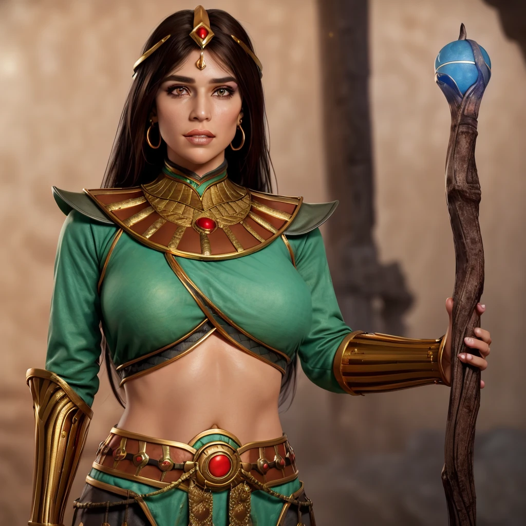 (day:1.7), in a desert area with a stone wall and palm trees in the background,
Standing at attention,holding a stick and a staff with a glowing ball in her hand,
green dress,gold accents,gold belt, midriff,bridal gauntlets,armor,thigh strap,
dark-skinned female,gold necklace,jewelry,
black hair, brown eyes, Long_hair,gold head piece,lips, makeup,eyelashes,
1 girl, 24yo,mature female,Beautiful Finger,Beautiful long legs,Beautiful body,Beautiful Nose,Beautiful character design, perfect eyes, perfect face,
looking at viewer, in the center of the image,(Upper_body),(close-Up),(Focus on her face),
NSFW,official art,extremely detailed CG unity 8k wallpaper, perfect lighting,Colorful, Bright_Front_face_Lighting,realistic,
(masterpiece:1.0),(best_quality:1.0), ultra high res,4K,ultra-detailed,
photography, 8K, HDR, highres, absurdres:1.2, Kodak portra 400, film grain, blurry background, bokeh:1.2, lens flare, (vibrant_color:1.2)
(Beautiful,large_Breasts:1.4), (beautiful_face:1.5),(narrow_waist),