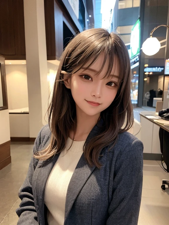 masterpiece, highest quality, High resolution,alone,Brown,artistic,Best lighting,Casual clothing,Flat Chest,Beautiful Face,expensive,smile,light makeup,Age 24,Calm woman,Detailed Hair,Laughing woman,Face Focus,Bun Hair,Vibrant colors,Thin eyebrows,Woman wearing a jacket,outside,night,Background Bokashi,illumination,Low exposure,Office Casual