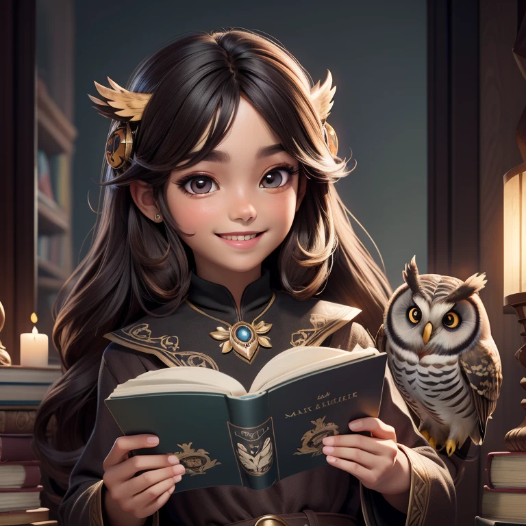 (Highest quality, masterpiece: 1,1), (owl, dark eyes, bright smile), brown skin, long hair, cute boy and girl reading magic book, detailed, 8K