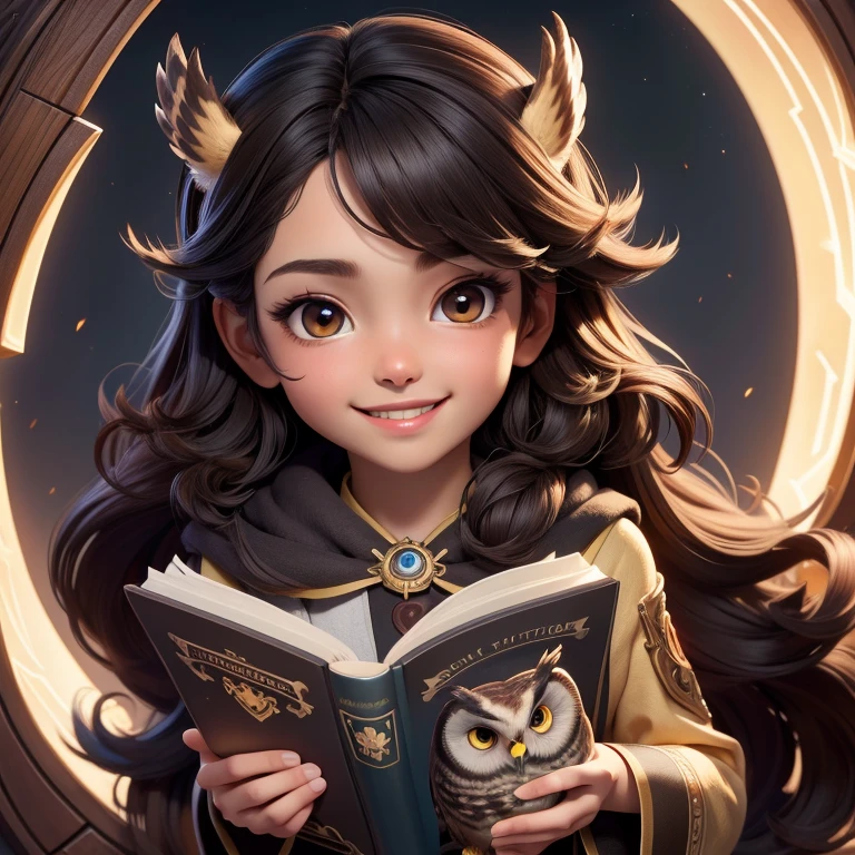 (Highest quality, masterpiece: 1,1), (owl, dark eyes, bright smile), brown skin, long hair, cute boy and girl reading magic book, detailed, 8K