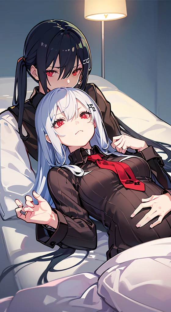 Two anime people, one guy with long black hair, one girl with long white hair and red eyes, pregnant, laying on a bed, chains, sad