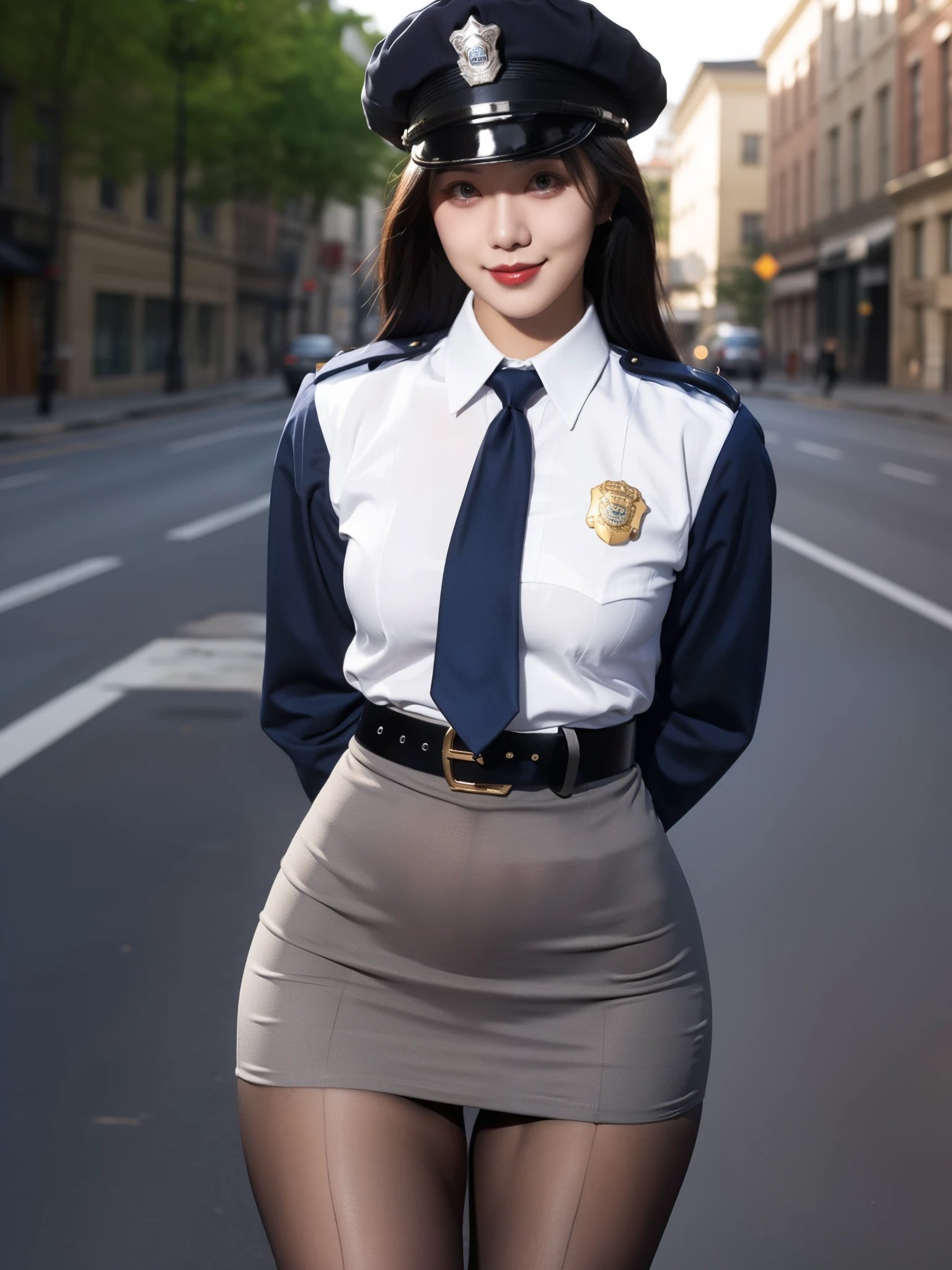 Masterpiece, best quality, solo, (detailed face), curvy body, smile ,white shirt,half sleeves, pencil skirt, necktie , standing,police cap,in street,looking at viewer, cowboy shot, thighs, wide hips , arms behind back ,solo focus ,belt, pantyhose , skin tight