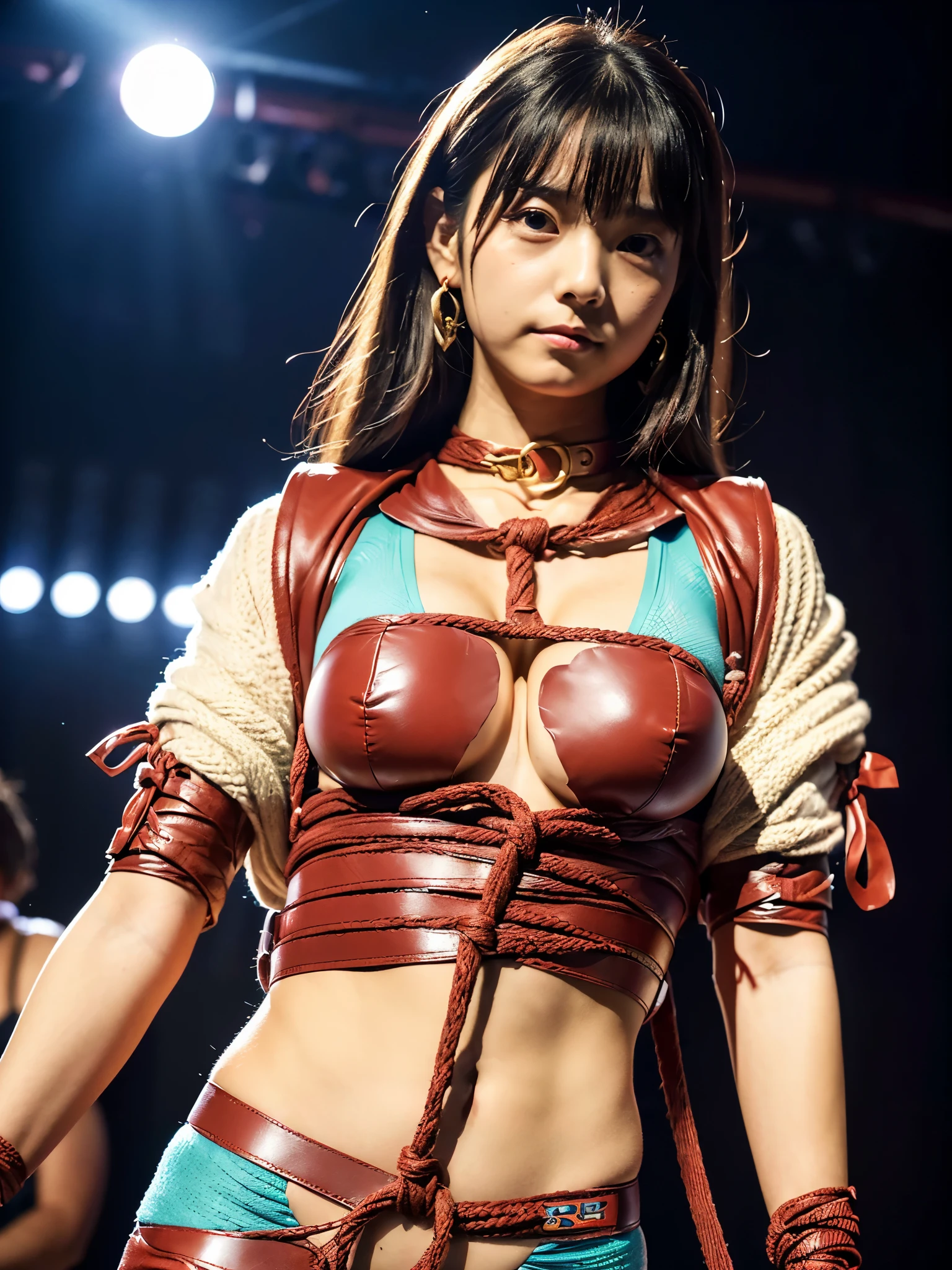 (((A 20-year-old woman with a cute face like a 16-year-old idol)))、((In underwear))、((Underwear show venue stage))、(((Wearing a red leather dog collar around his neck)))、(((the whole body is tied with a rope)))、((乳首はbondageのロープでギリギリ隠れている))、(Artistic Expression)、Cleavage、Front image (((shibari over clothes,)), bondage, shibari:1.5, (((tied both arms))), ((bondage))、((Full body portrait))、Accurate、Anatomically correct、Textured skin、Very detailed、Attention to detail、highest quality、High resolution、Genuine、Indistinguishable from live-action、realism、RAW Photos、masterpiece