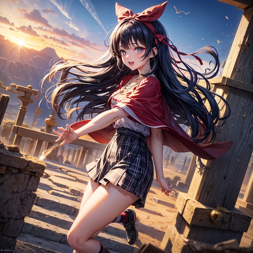 Red Blue Hair、Golden Eyes、Braid、One good looking girl、solo、anime、Checkered mini skirt、Ruffles on the skirt、Red T-shirt、Cape、Gothic、Black knee-high socks、Wearing a baseball cap、Wearing a ribbon、Ribbon on waist、Tilting face、Teeth are visible、Sunset sky、Piercing the clouds、Contrail、Cumulonimbus、Pillar of Light、Silver coin necklace、A world of light、shine、From above、bell、torii、Desert Oasis、water is gushing out、Wearing a name tag、Sparks are flying、Bowing